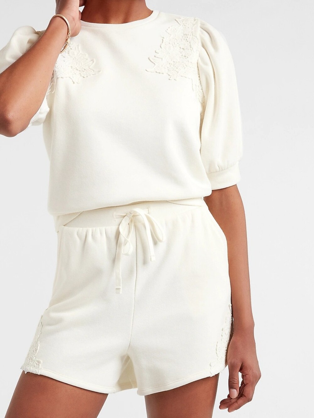 Express Cream Knit Short Set with Embroidered Detail